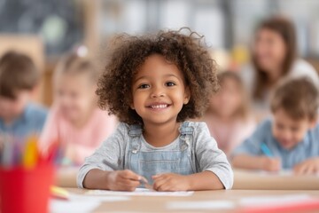 Smiling african child drawing in classroom with diverse group of kids