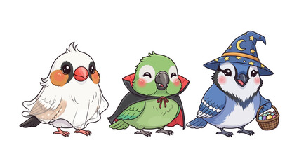 Costumed Companion: Three adorable birds don festive Halloween costumes, each embodying a different character - a cute little vampire, a wise wizard, and a lovely ghost.