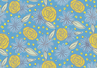 Seamless minimalist boho pattern style of flowers under Blue background