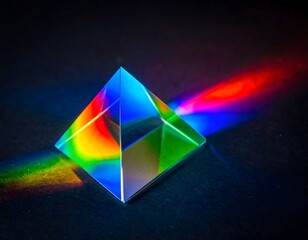 Prism refracting light, creating colorful spectrum on dark background.