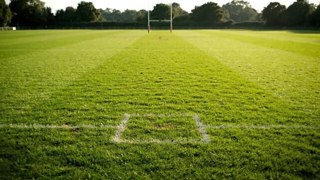 Wide Gaelic Football Pitch Under Soft Irish Light Slow Zoom Out Shot