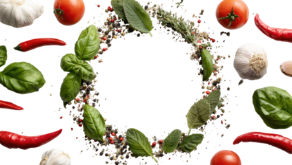 Fresh herbs and spices arranged in a circle on transparent background