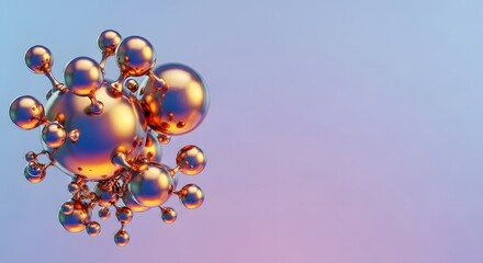 Abstract iridescent metallic bubbles cluster floating on gradient background