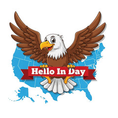 Majestic eagle spreads wings over usa map with hello in day banner isolated on transparent background
