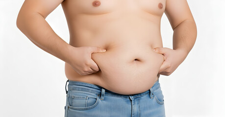 Naklejka premium Man pinching his stomach fat, a candid portrayal of weight gain and the personal journey towards better health and fitness on isolated white background.