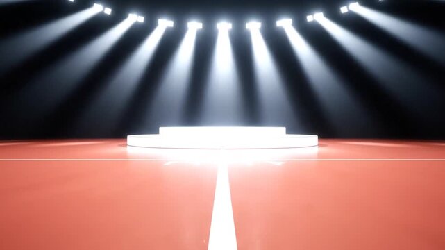 Stunning Netball Court Podium Glow Under LED Lights and Spotlight Shafts Recording