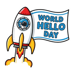 Cartoon rocket ship with world hello day flag isolated on transparent background