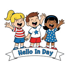 Three happy cartoon children waving hello isolated on transparent background