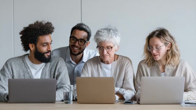 Diverse Team Collaborating on Laptops in Modern Office, Multi-Generational Group Working Together