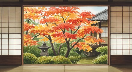Autumn View from Traditional Japanese Room: Serene Landscape, Warm Colors