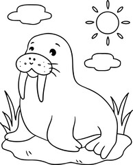 A charming cartoon yak standing in a grassy field, a black and white line art illustration perfect for a children's coloring page