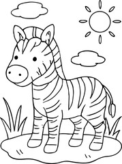 A charming cartoon yak standing in a grassy field, a black and white line art illustration perfect for a children's coloring page