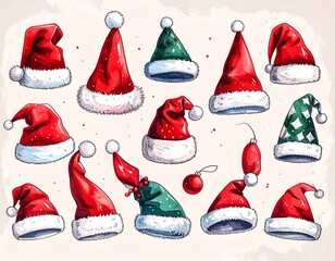 Collection of various Santa hats in different styles.  Colorful and whimsical