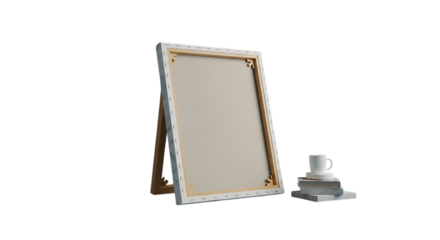 Blank Canvas on Display with Coffee Cup for Creative Inspiration, Perfect for Mockups, Art, and Design Projects that Inspire Creativity and Innovation