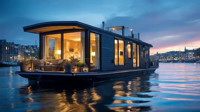 A modern houseboat on a calm river at dusk, warmly lit with a cozy outdoor seating area.