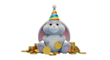 Adorable bunny celebrating financial success, surrounded by gold coins, wealth and prosperity for festive occasions and investment ventures