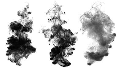 Three abstract ink blot shapes, grayscale, isolated