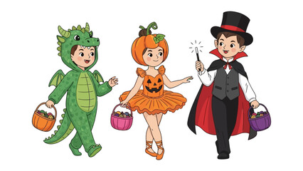 Halloween Trio: Adorable costumed children embody the playful spirit of Halloween, their vibrant outfits bringing festive cheer to the spooky season.