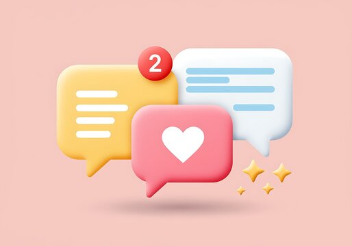 3D Cartoon Chat Bubbles with Notification and Heart Icon for Social Media Engagement and Communication Strategy