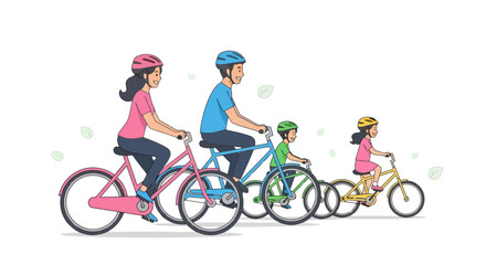 Fototapeta premium Happy family biking together illustration showcasing active lifestyle, promoting family bonding, outdoor activities, and helmet safety for family-related projects and healthy living campaigns.