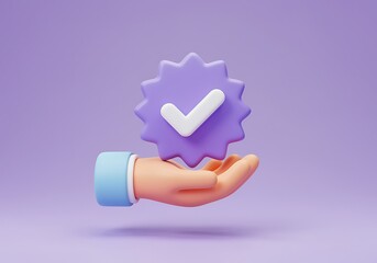3D Hand Holding Verified Badge Icon Concept of Approval Certification and Confirmation Representing Success and Achievement on a Purple Background