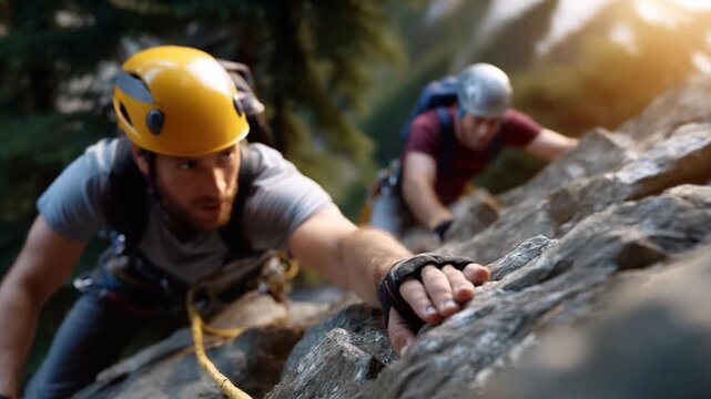 Climbers conquer mountain summit outdoor adventure rock climbing nature dynamic perspective teamwork and perseverance