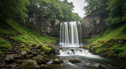 Majestic waterfall cascading down rocky cliff face, lush green vegetation surrounds