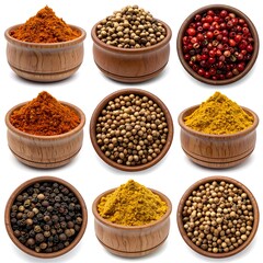 Collection of various spices in wooden bowls