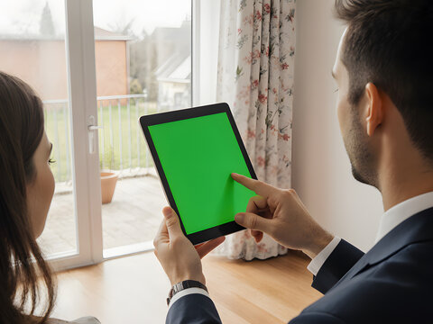 Real Estate Agent Showing Floor Plan on Green Screen Tablet - Powered by Adobe