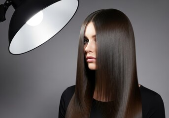 Professional beauty shot of a woman with long, sleek brunette hair, its glossy, smooth texture perfectly illuminated by a studio lamp