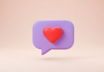 3D Rendered Speech Bubble with Heart Icon Emphasizing Love and Connection for Social Media Engagement and Positive Feedback