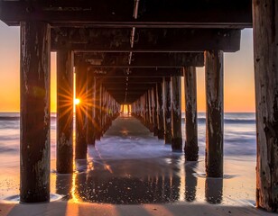 Sunrise pier through wooden pilings