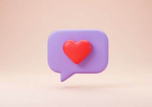 3D Rendered Speech Bubble with Heart Icon Emphasizing Love and Connection for Social Media Engagement and Positive Feedback