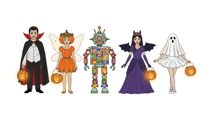Whimsical Halloween Gathering: A charming collection of children in enchanting costumes gather for the annual trick-or-treat experience. Embrace the spirit of the spooky season.