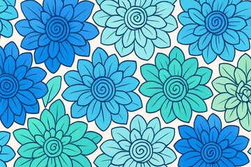 Abstract floral background with stylized colorful blue and green spiral flowers and leaves in a seamless pattern on a light backdrop. Ai generative