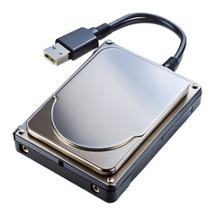 External hard drive connected to a usb cable, isolated on transparent background