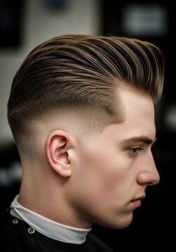 Sophisticated profile portrait of a young man with a voluminous, glossy pompadour and seamless fade, embodying modern masculine elegance