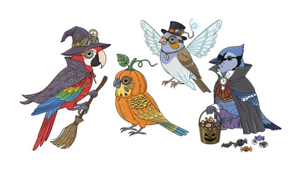 Halloween Bird Costume Illustration: A delightful collection of festive birds, each adorned in elaborate costumes, conjures a whimsical Halloween mood, evoking smiles and celebration.