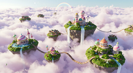 Futuristic Floating Islands City Above the Clouds at Sunset