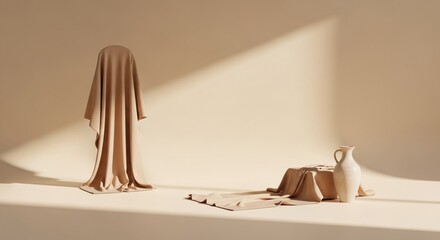 3d icon of a minimalist still life composition featuring a draped form and a ceramic jug on a neutral background with soft, directional lighting creating gentle shadows