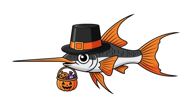 Festive Swordfish Illustration: An eye-catching illustration featuring a swordfish donned in a pilgrim hat and carrying a pumpkin-shaped bucket full of Halloween treats, perfect for seasonal decor.