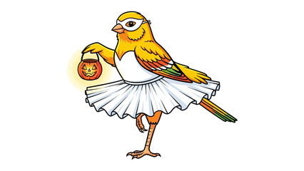 Halloween Ballerina Bird: A charming illustration of a cheerful bird, adorned in a tutu and mask, holding a pumpkin lantern, ready for a delightful Halloween evening.