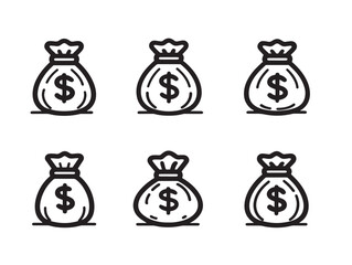 Clean Sack Dollar Six Icons Outline Vector Minimalist Illustration