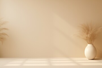 3d icon of minimalist interior scene with a single vase of dried pampas grass on a beige surface, bathed in soft sunlight