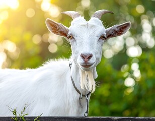 Fototapeta premium White goat in sunlit garden