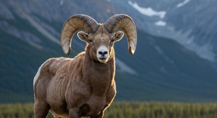 Naklejka premium Mountain bighorn sheep in foreground, majestic mountains in background