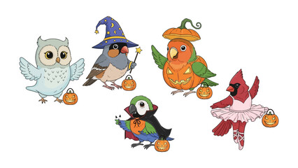 Halloween Bird Gathering: A whimsical illustration features a charming array of birds, each dressed in delightful Halloween costumes, with trick-or-treat elements.