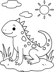 A happy cartoon dinosaur illustration for coloring, a simple and fun Y2K Wool Yarn inspired activity for creative playtime