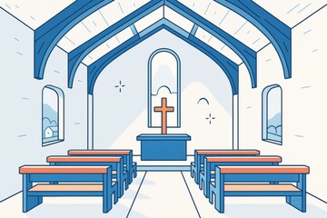 Minimalist illustration of a peaceful church interior with wooden pews, arched roof beams, and cross at the altar in soft morning light. Ai generative