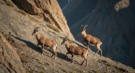 Mountain goats ascend a rocky slope